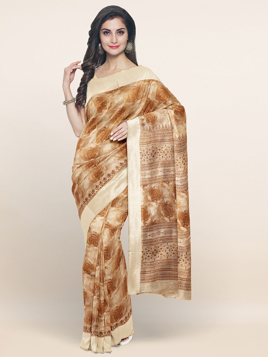 

Pothys Cream-Coloured & Brown Floral Cotton Blend Saree