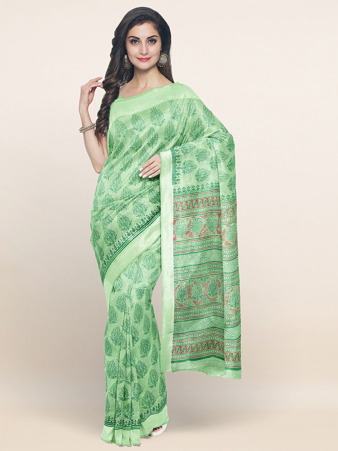 

Pothys Green & Silver-Toned Floral Printed Saree