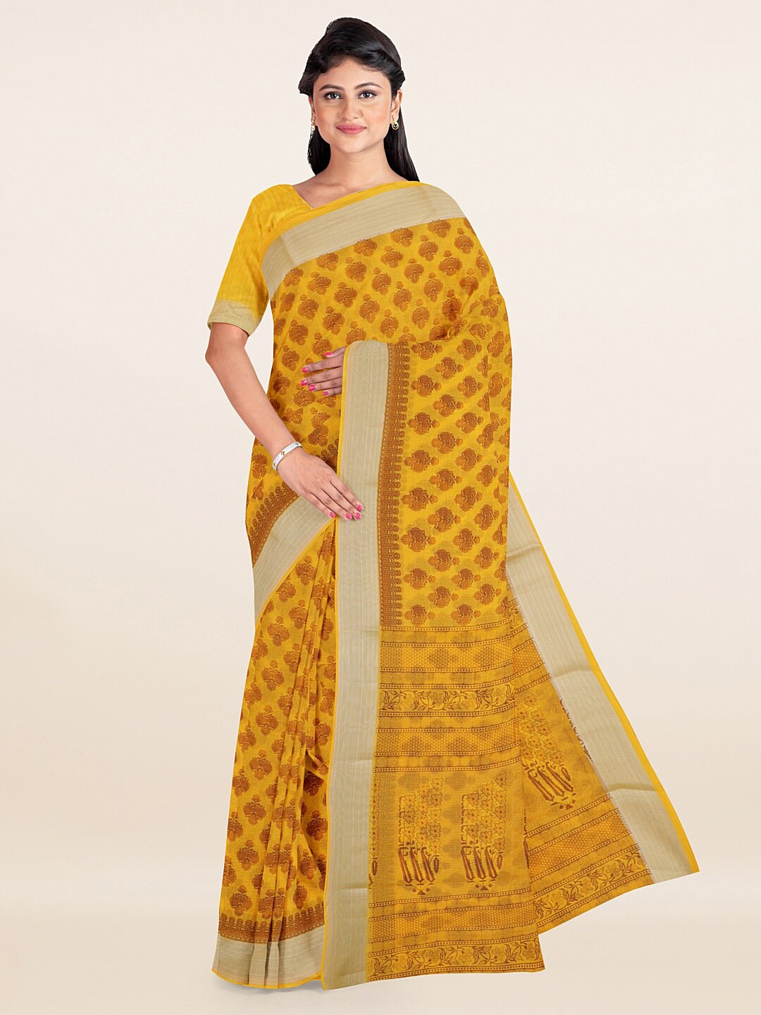 

Pothys Yellow & Gold-Toned Ethnic Motifs Printed Zari Saree