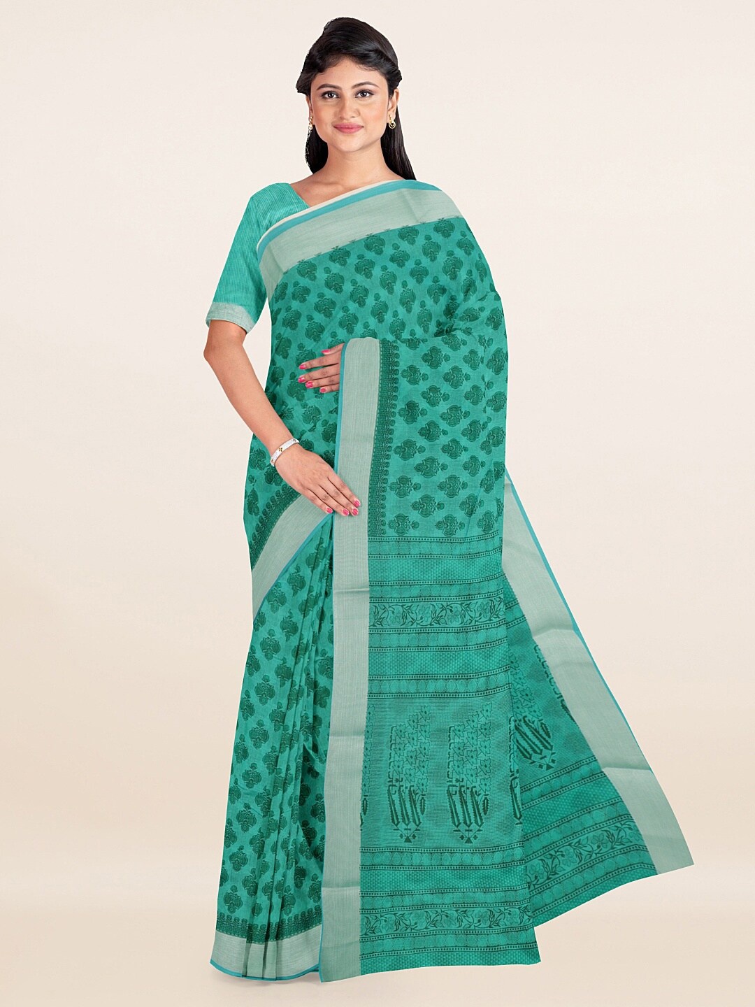 

Pothys Teal & Silver-Toned Ethnic Motifs Zari Border Saree