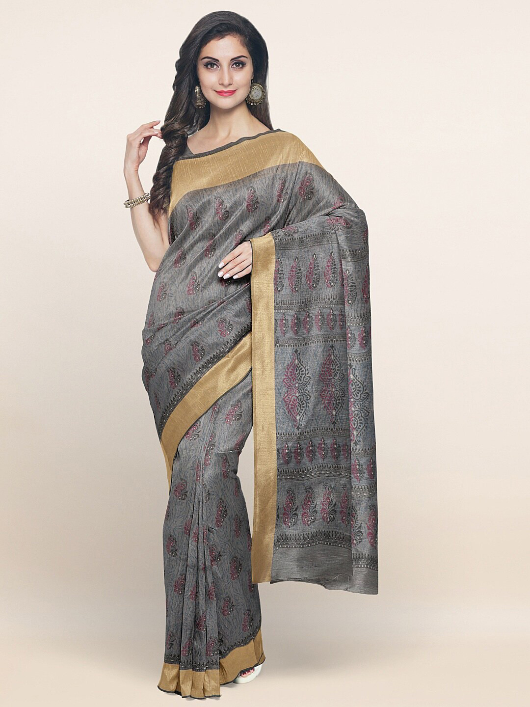 

Pothys Grey & Gold-Toned Ethnic Motifs Zari Saree