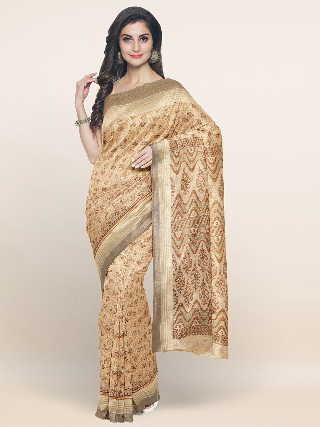 

Pothys Cream-Coloured & Brown Ethnic Motifs Saree