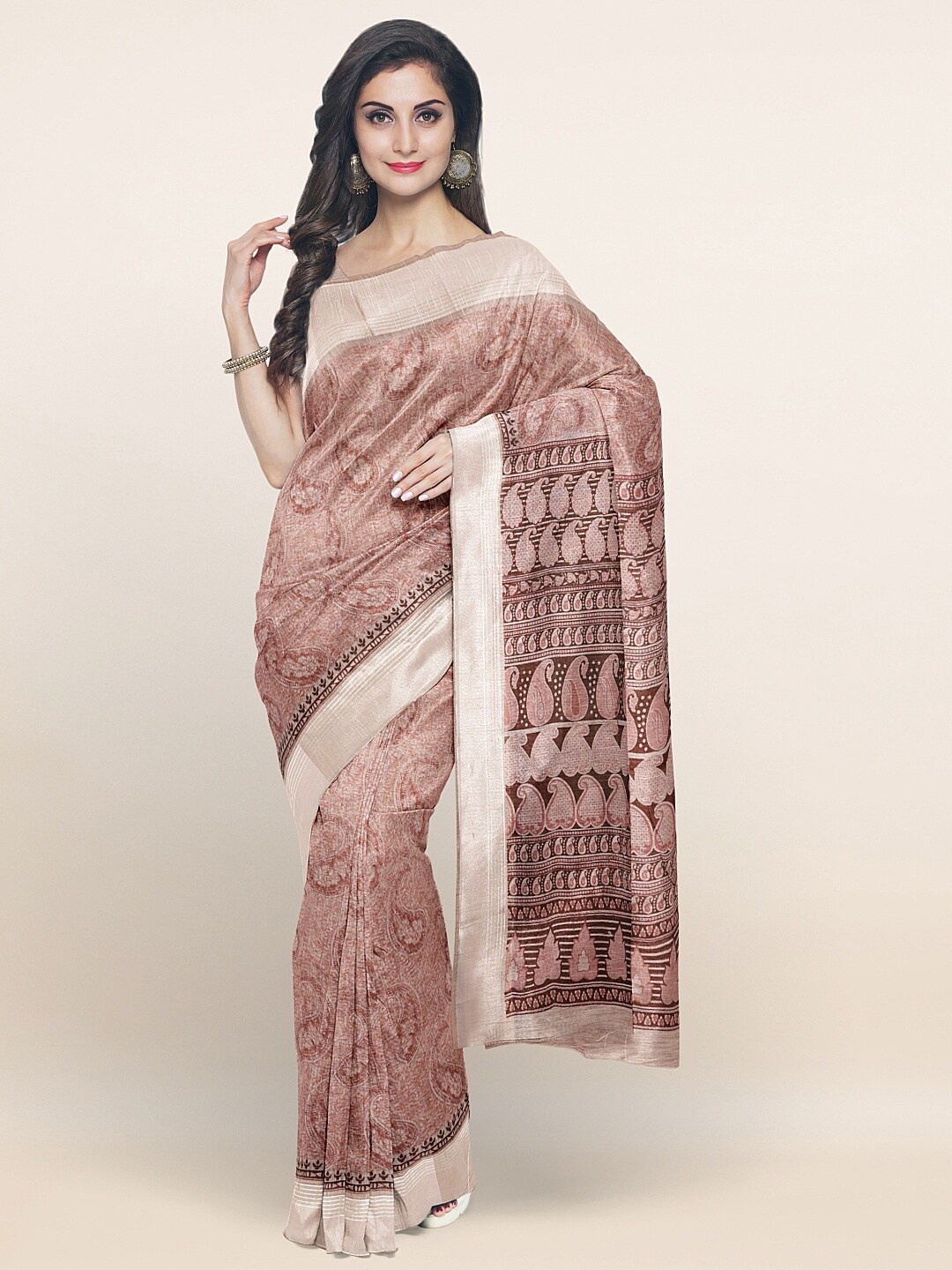 

Pothys Brown & Silver-Toned Paisley Printed Saree