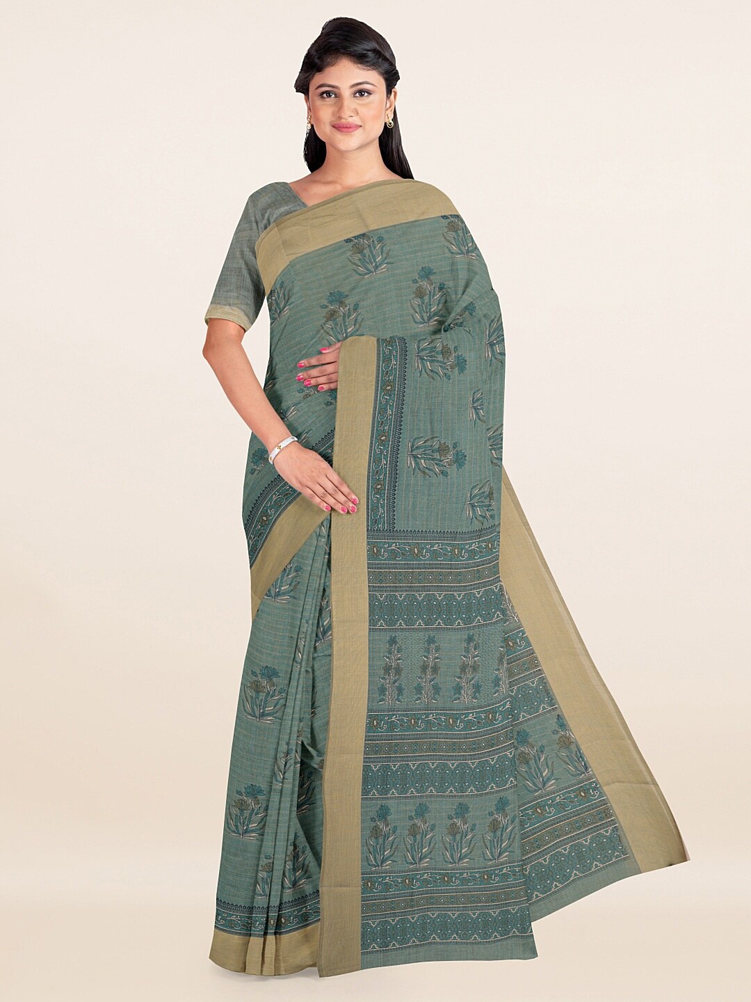 

Pothys Blue & Gold-Toned Ethnic Motifs Printed Zari Saree