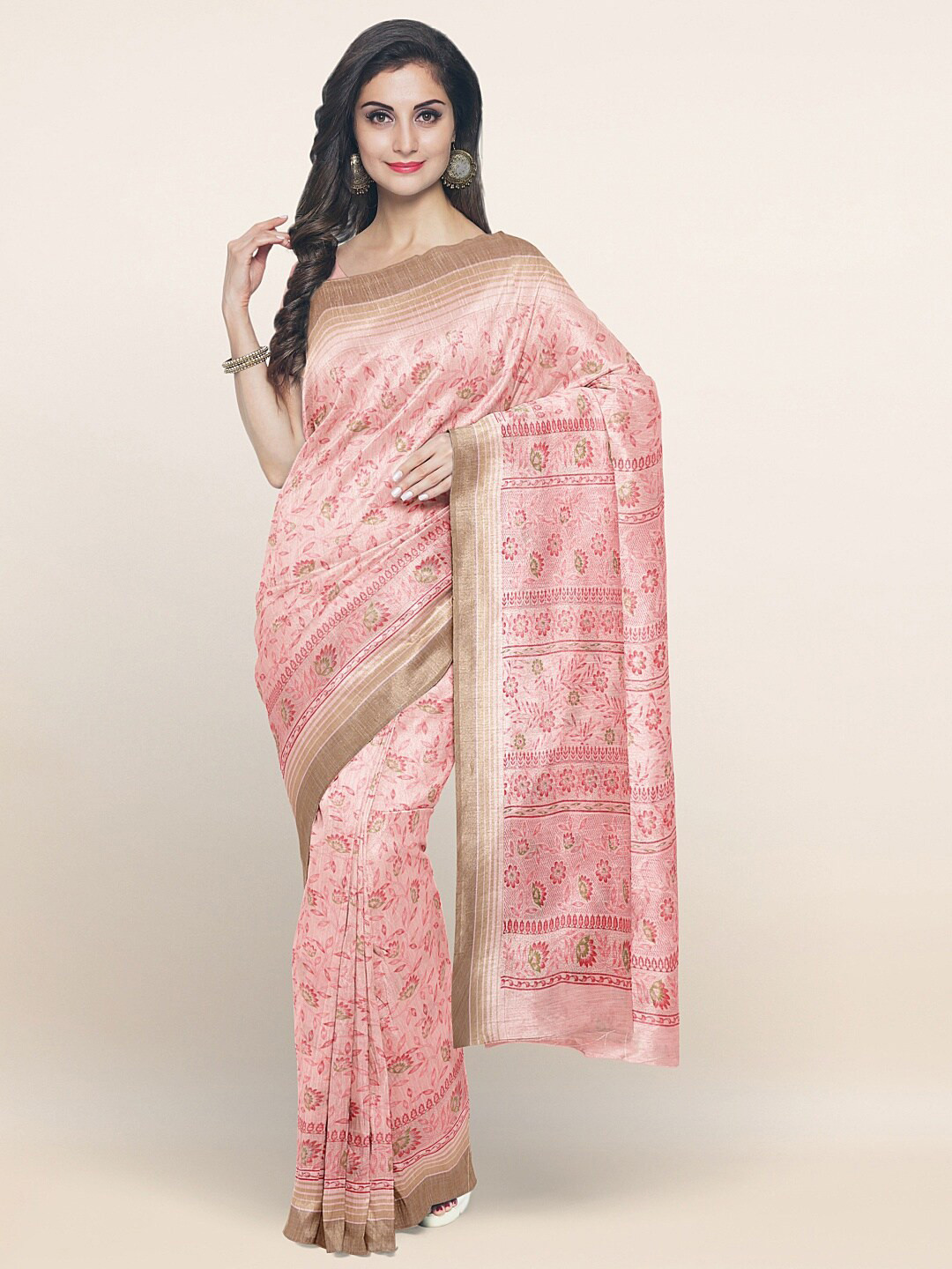 

Pothys Pink & Red Floral Printed Zari Saree