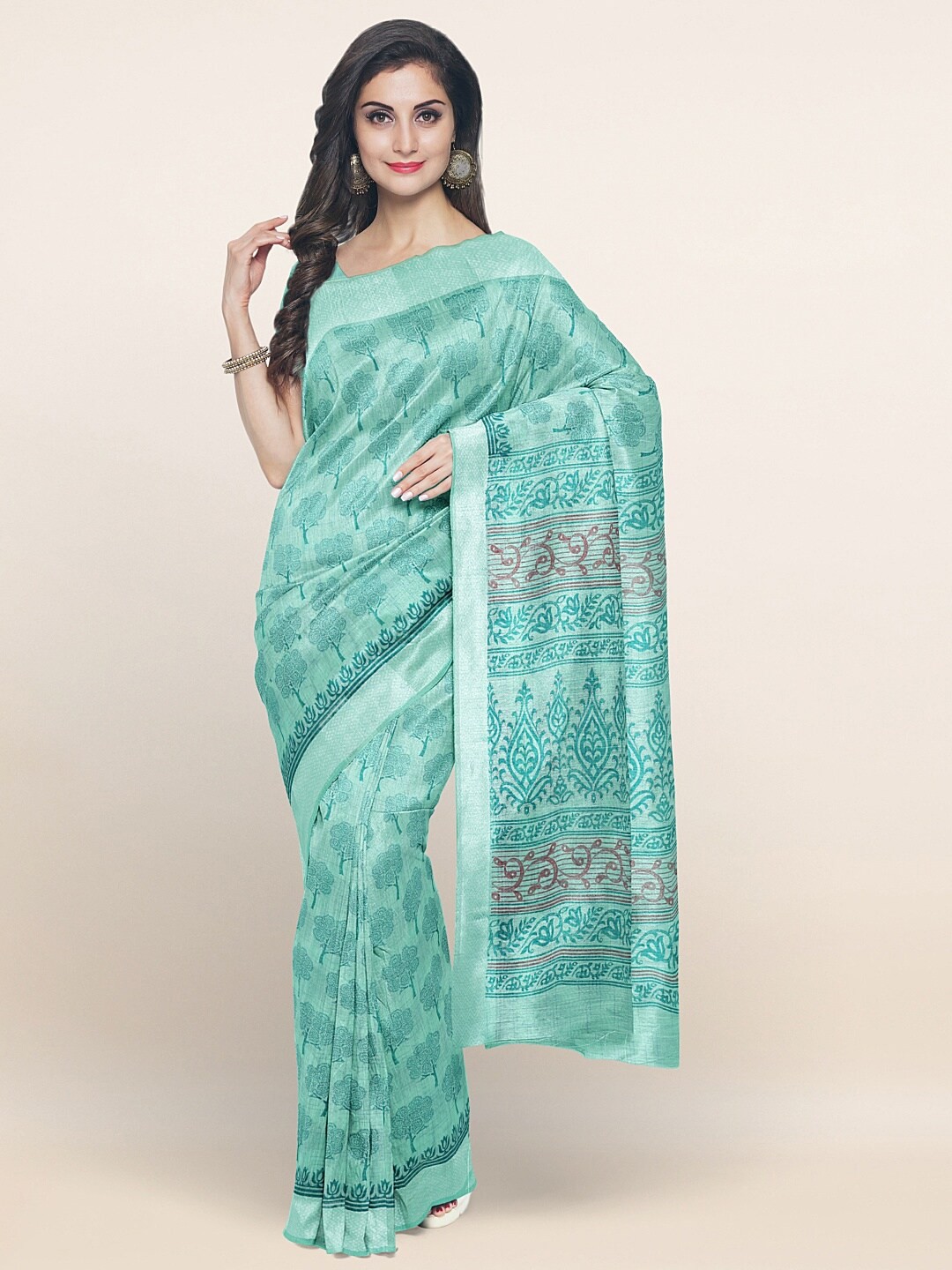 

Pothys Sea Green Floral Printed Zari Border Saree