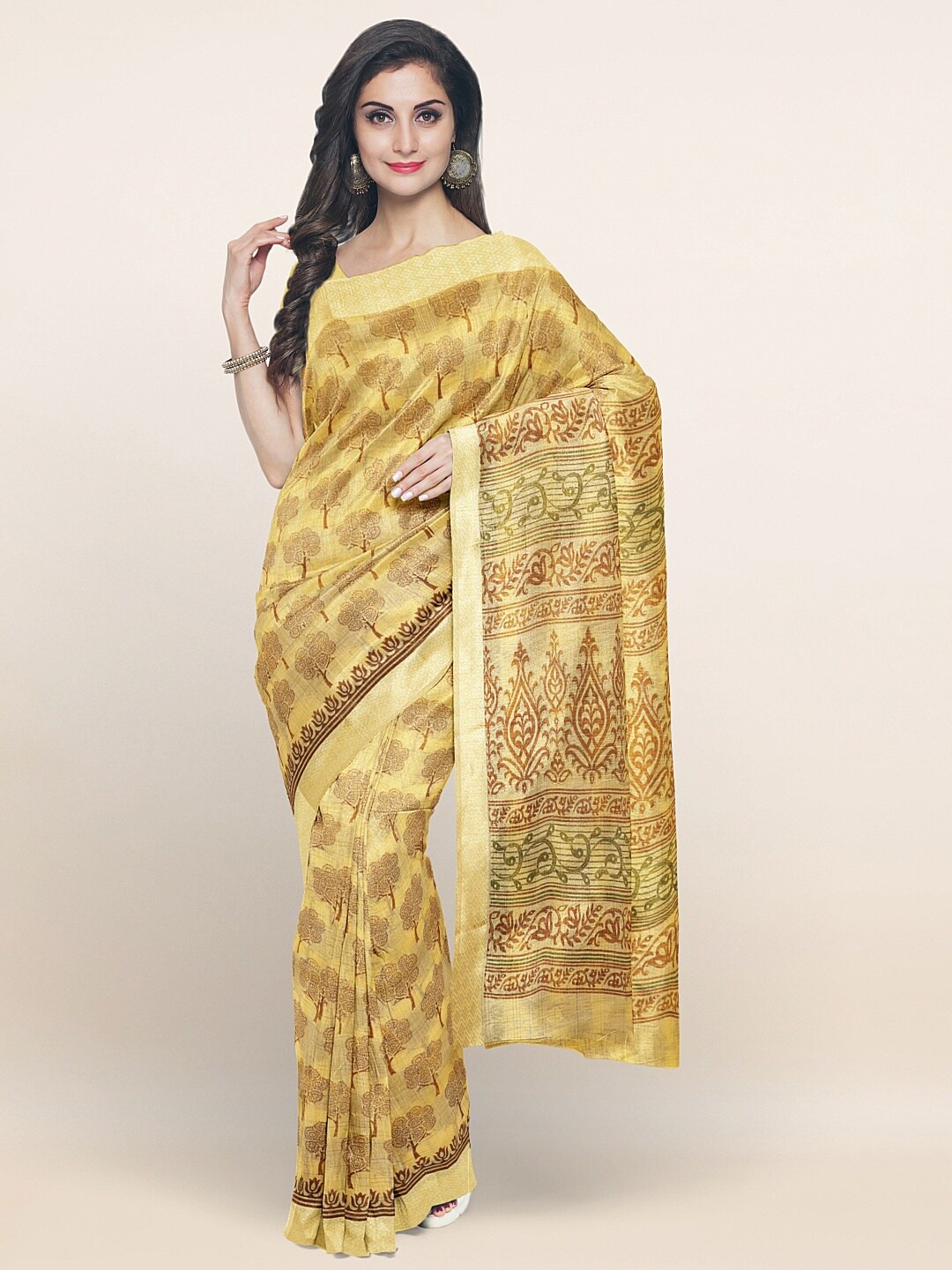 

Pothys Yellow & Brown Ethnic Motifs Printed Saree