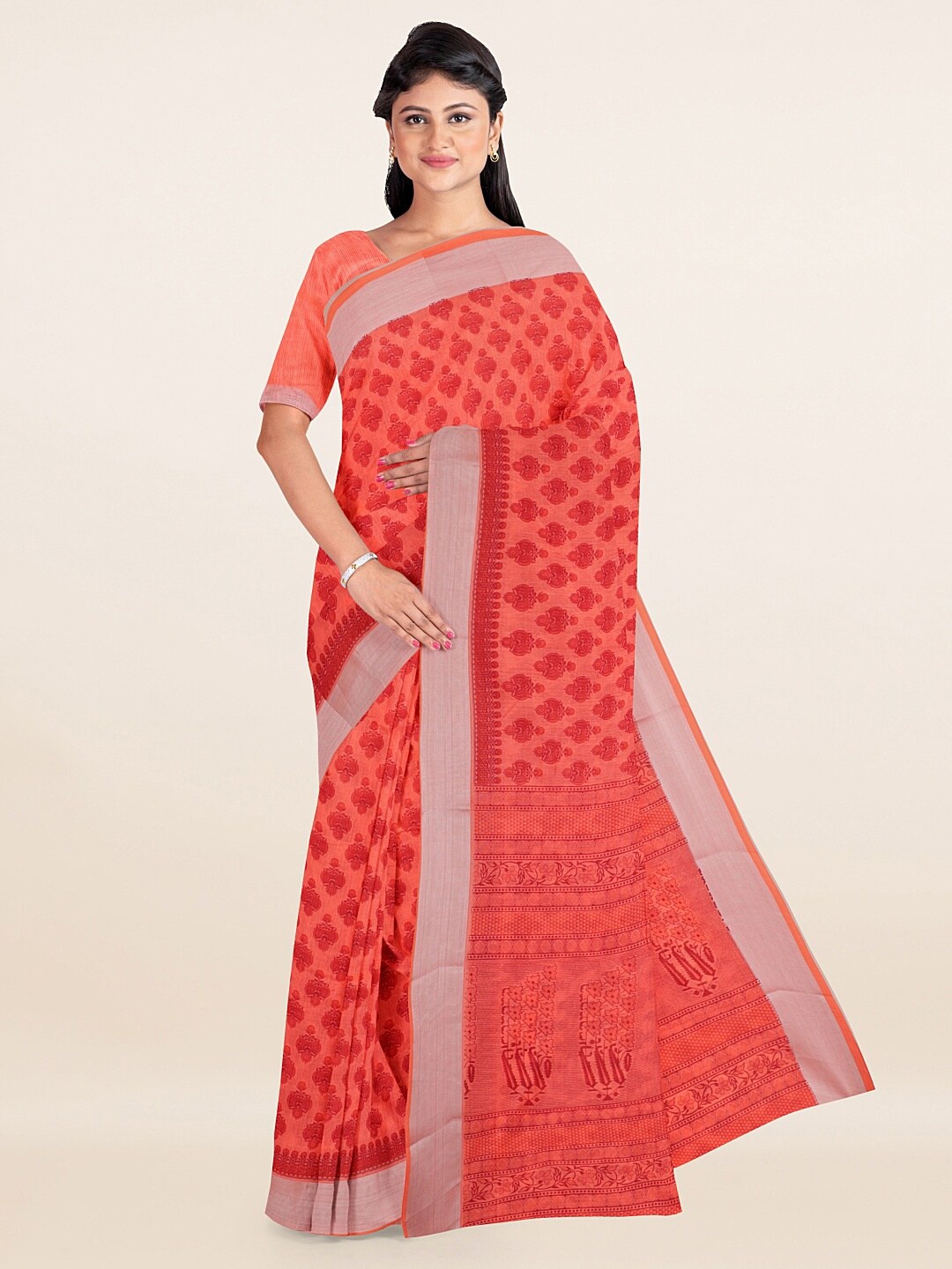 

Pothys Coral & Silver-Toned Ethnic Motifs Printed Zari Saree