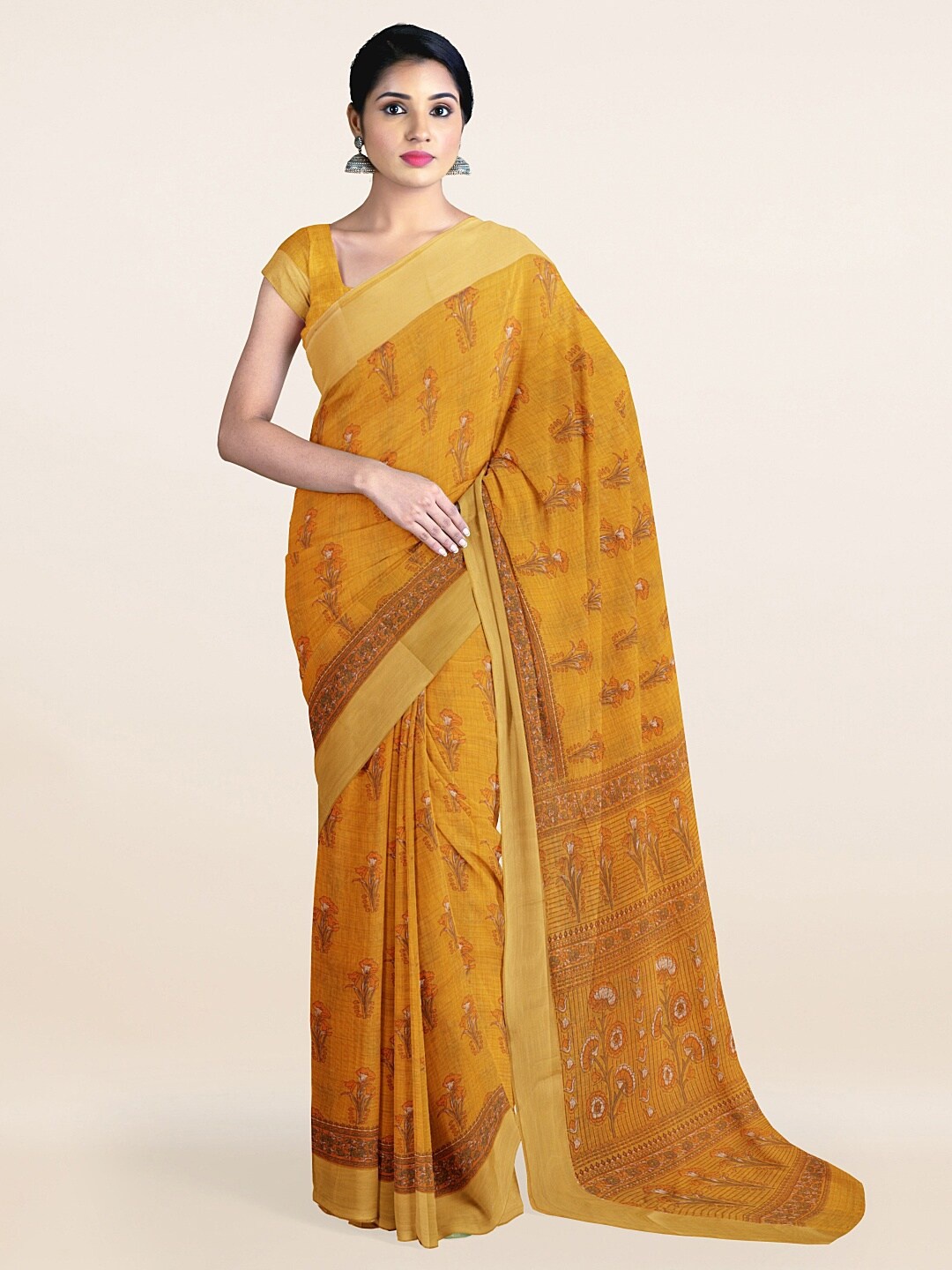 

Pothys Mustard & Gold-Toned Floral Printed Zari Saree