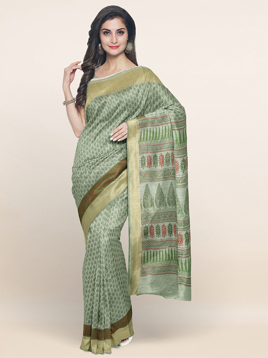 

Pothys Green & Red Floral Printed Zari Saree