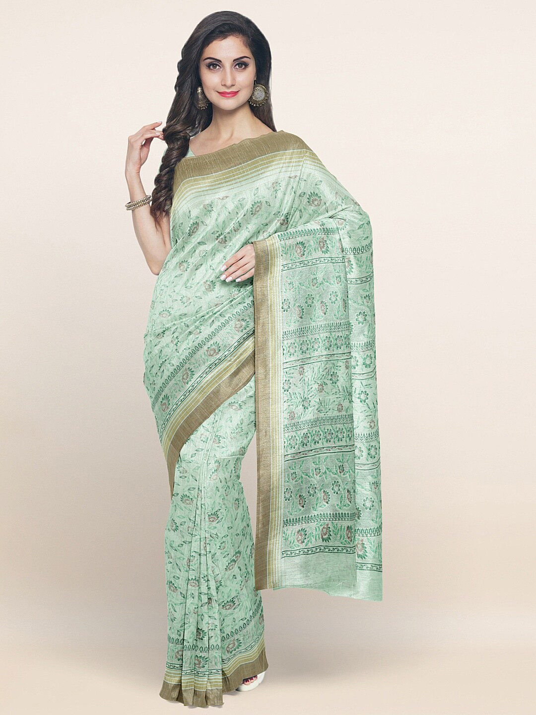 

Pothys Sea Green & Grey Ethnic Motifs Zari Saree