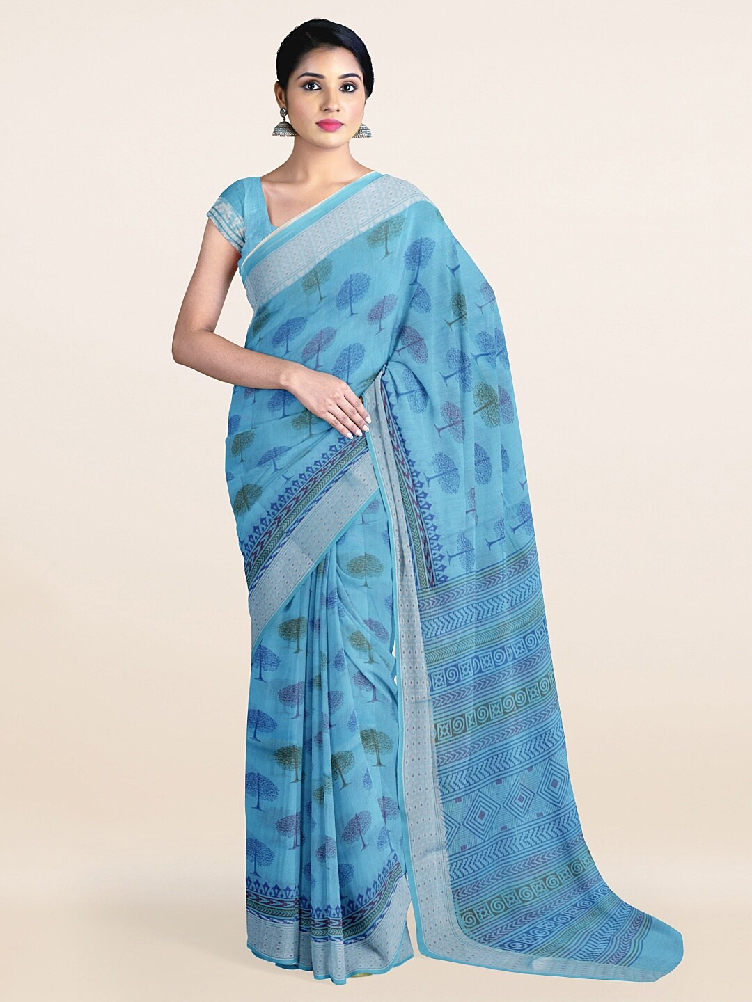 

Pothys Blue & Green Floral Printed Zari Saree