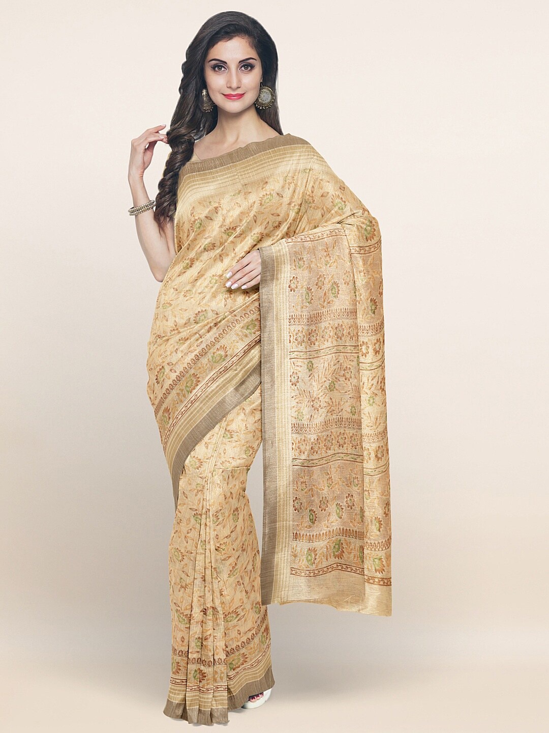 

Pothys Cream-Coloured & Green Floral Printed Saree