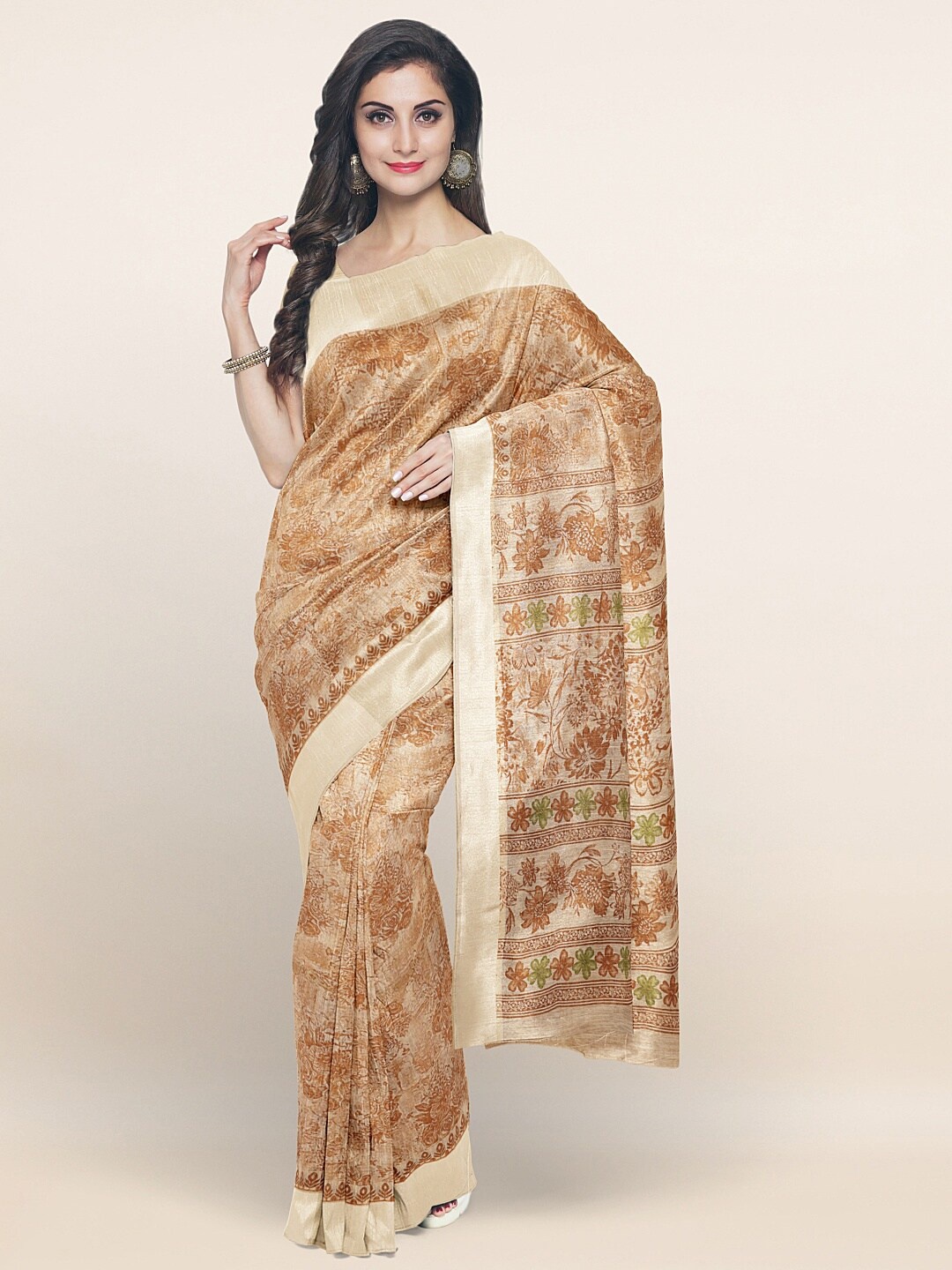 

Pothys Cream-Coloured & Green Floral Printed Saree