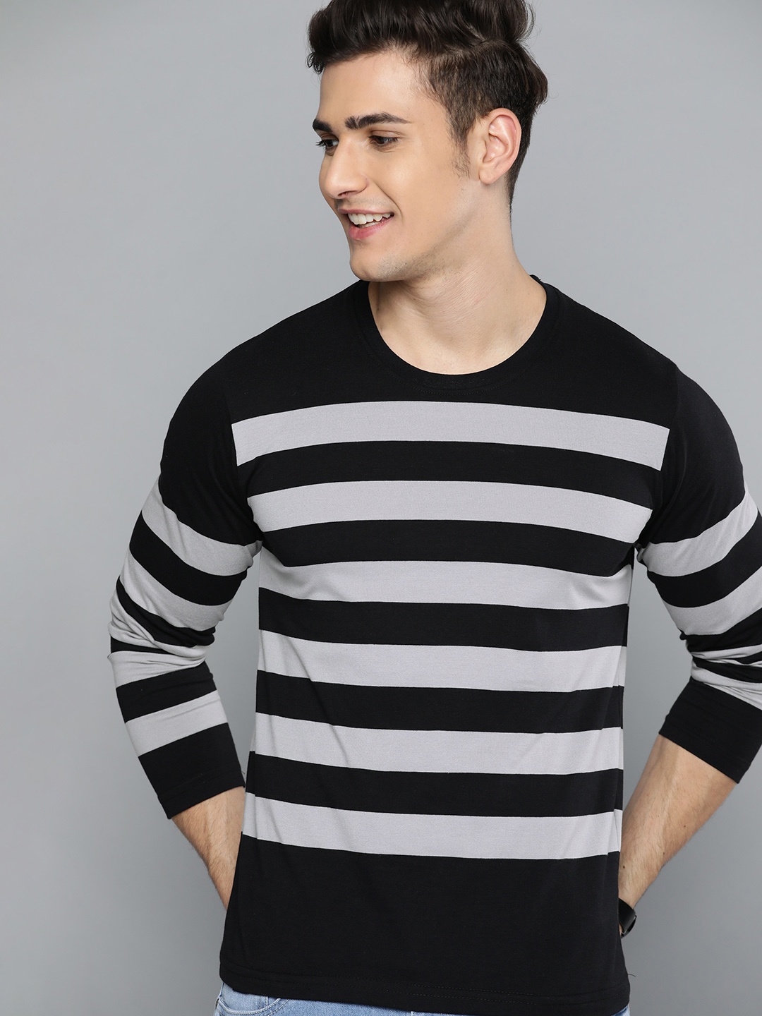 

HERE&NOW Men Black & Grey Striped T-shirt