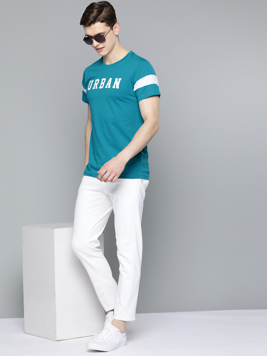 

HERE&NOW Men Turquoise Blue & White Typography Printed T-shirt