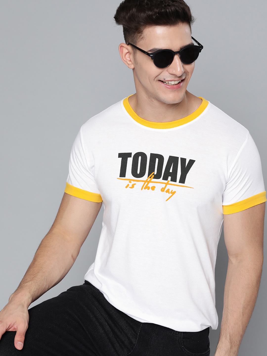 

HERE&NOW Men White & Yellow Typography Printed T-shirt