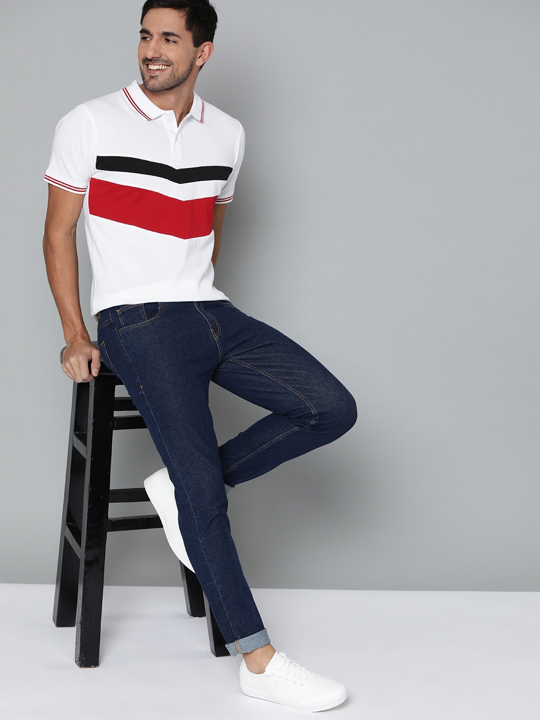 

HERE&NOW Men White & Red Striped Polo Collar T-shirt