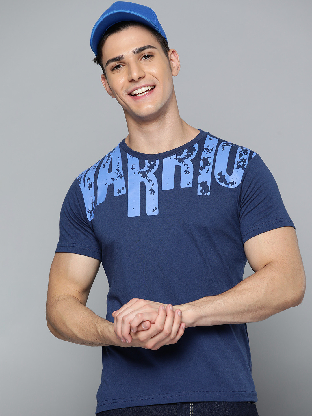 

HERE&NOW Men Navy Blue Typography Printed T-shirt