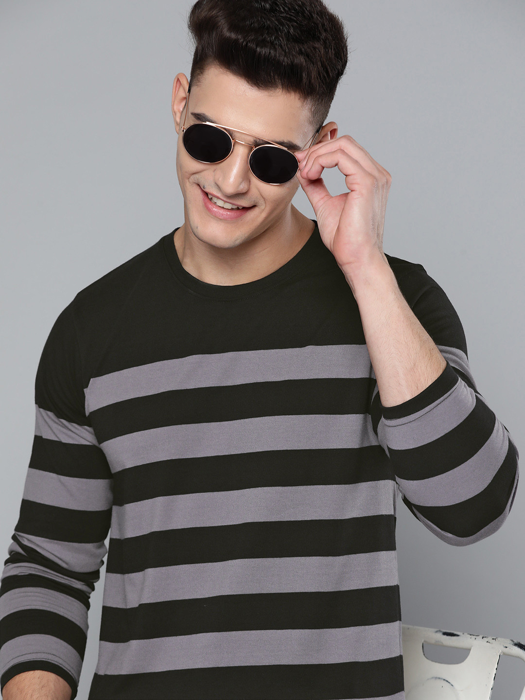 

HERE&NOW Men Black & Grey Striped T-shirt