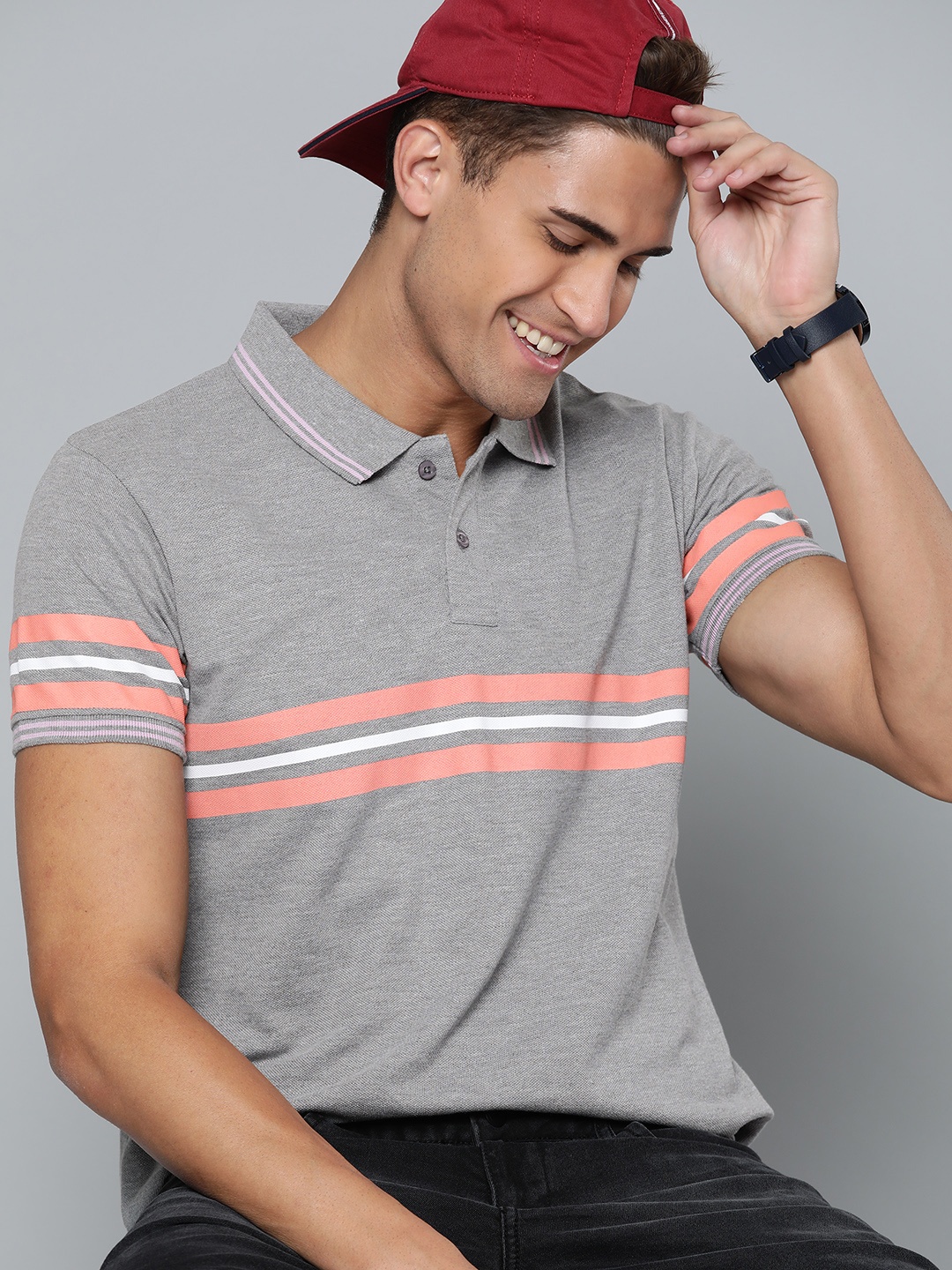 

HERE&NOW Men Grey Melange & Peach-Coloured Striped Polo Collar T-shirt