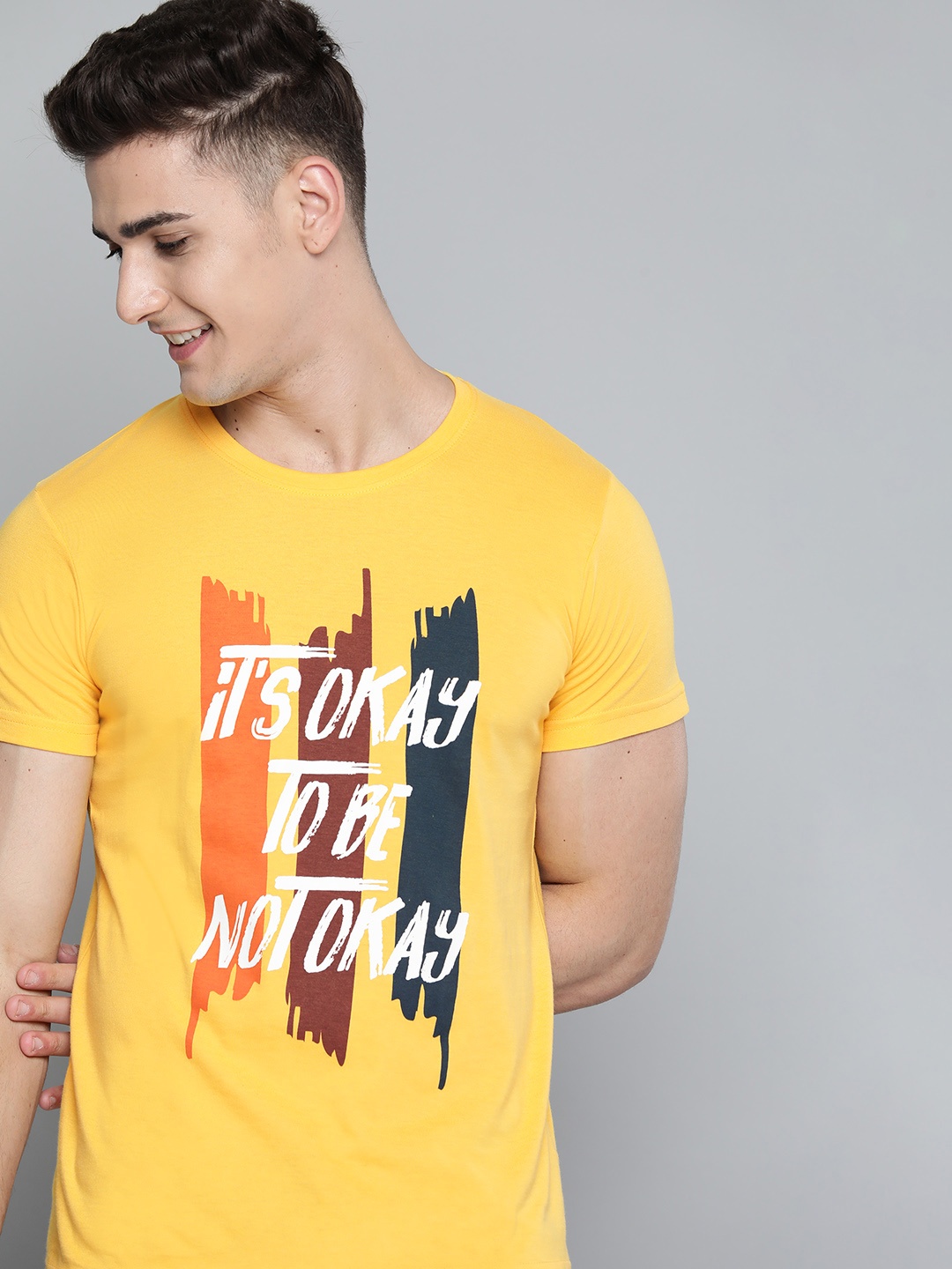 

HERE&NOW Men Mustard Yellow & White Typography Printed T-shirt