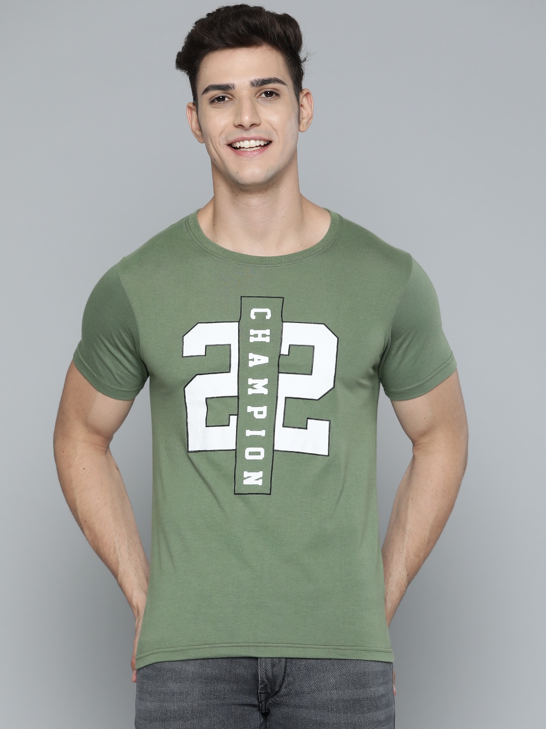 

HERE&NOW Men Olive Green & White Varsity Printed T-shirt