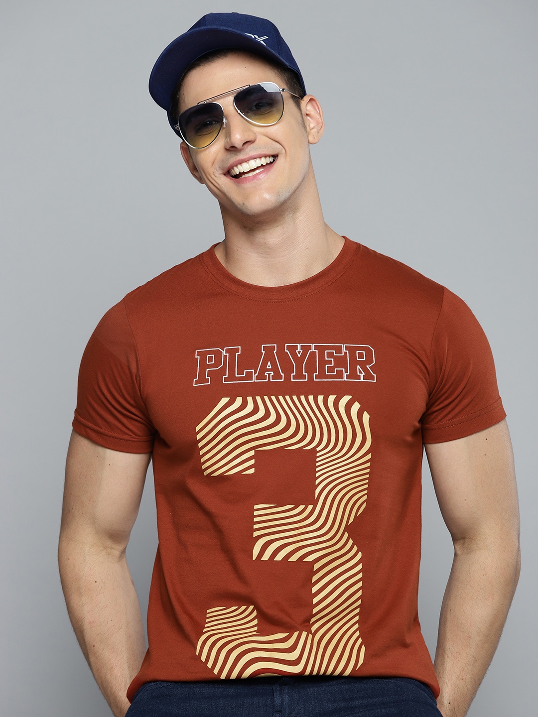 

HERE&NOW Men Rust Brown & Yellow Typography Printed T-shirt