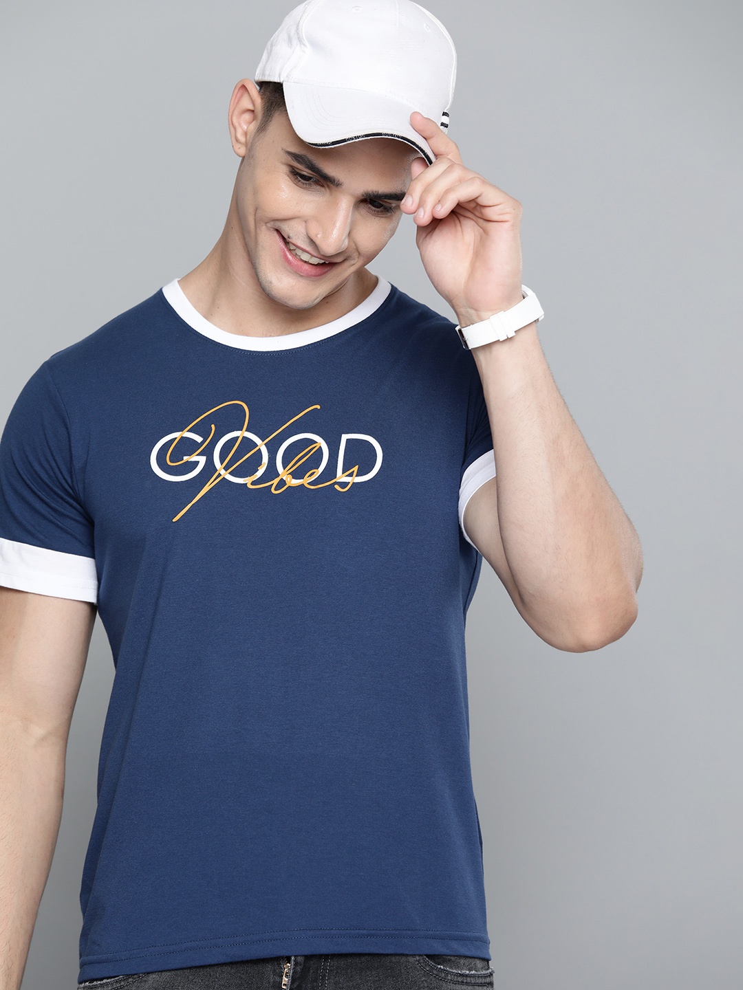 

HERE&NOW Men Navy Blue & White Typography Printed T-shirt