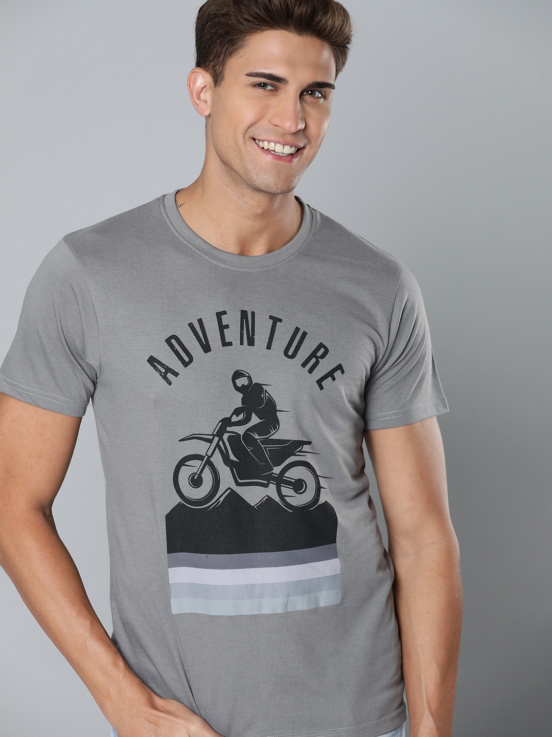 

HERE&NOW Men Grey & Black Biker Printed T-shirt
