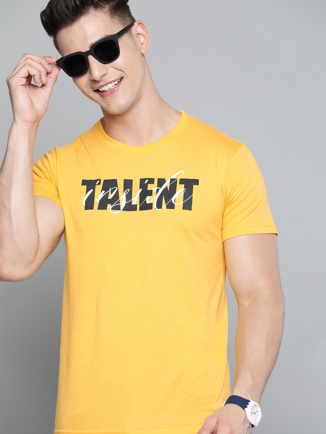 

HERE&NOW Men Yellow & Black Typography Printed T-shirt