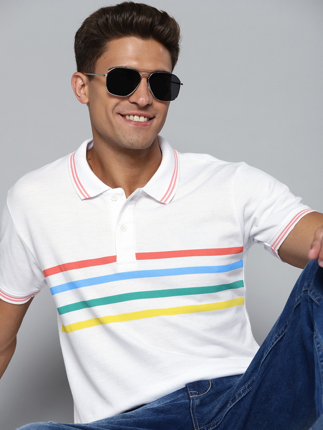 

HERE&NOW Men White & Orange Striped Polo Collar T-shirt