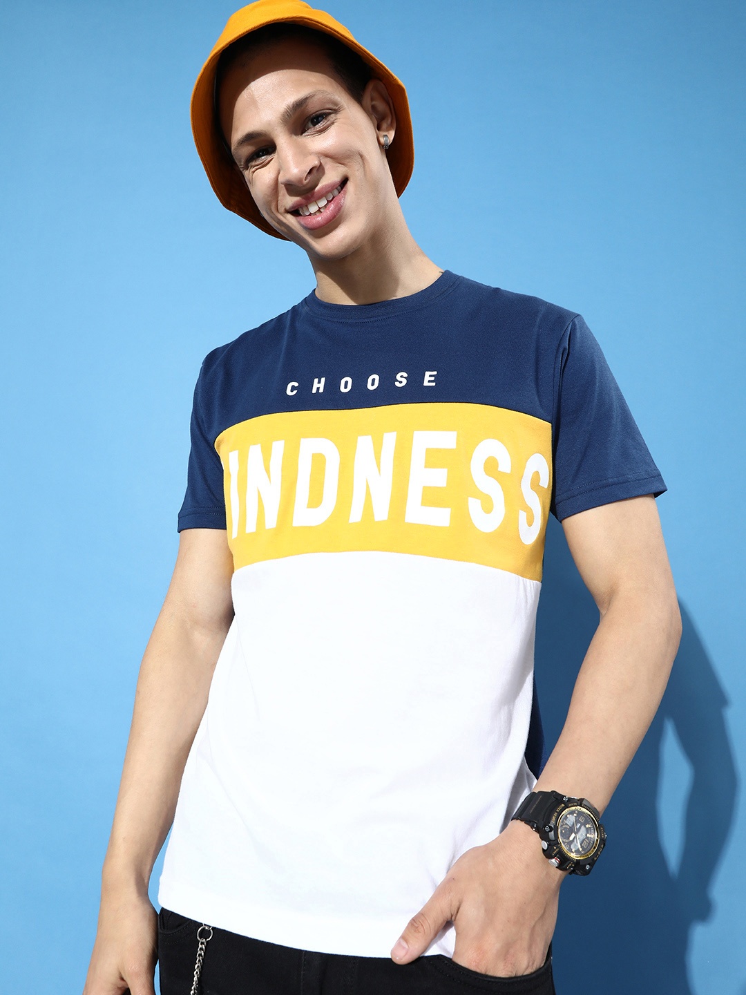 

HERE&NOW Men Marine Navy Blue Dynamic Blocking T-shirt, White
