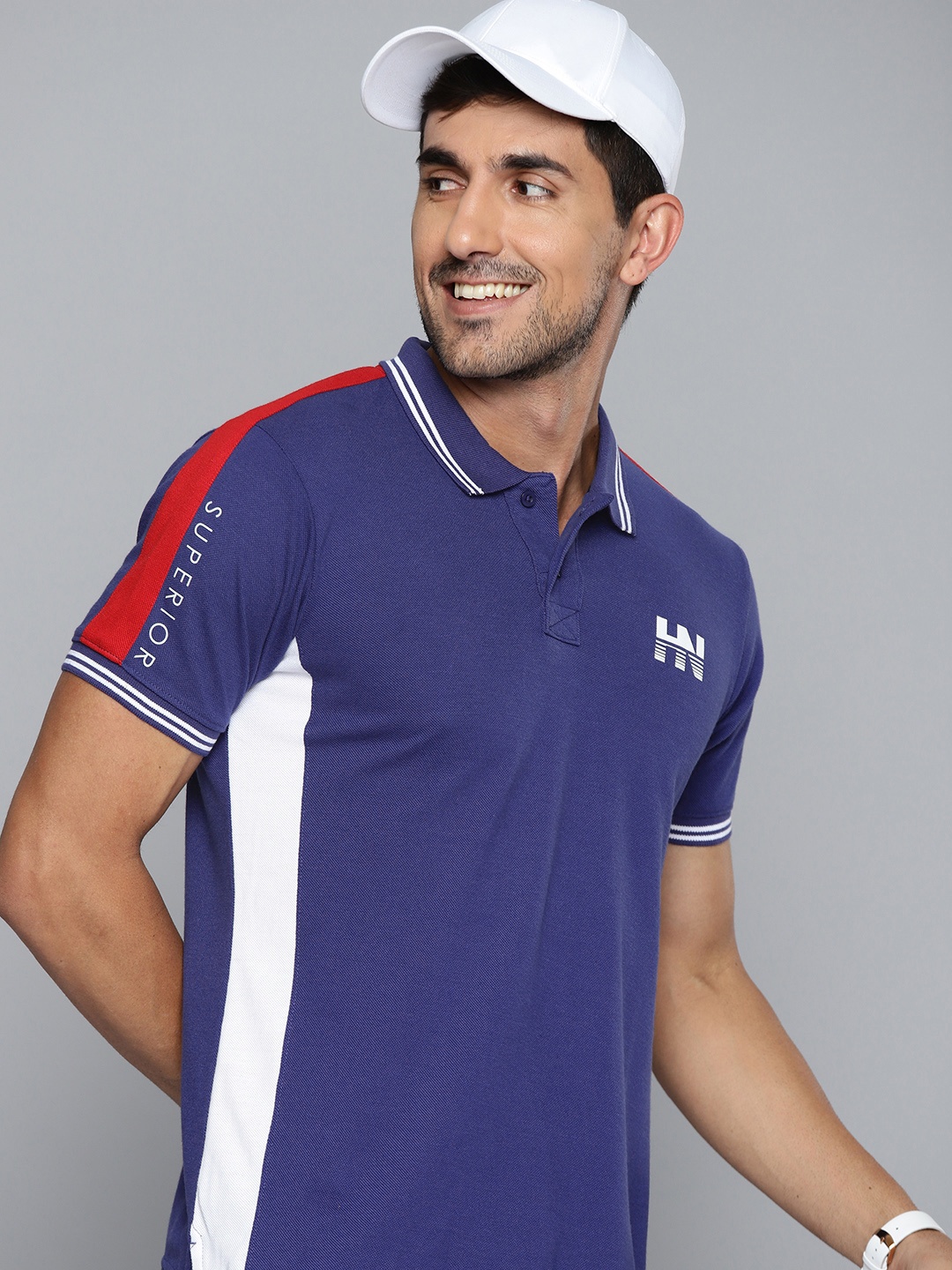 

HERE&NOW Men Navy Blue & White Striped Polo Collar T-shirt