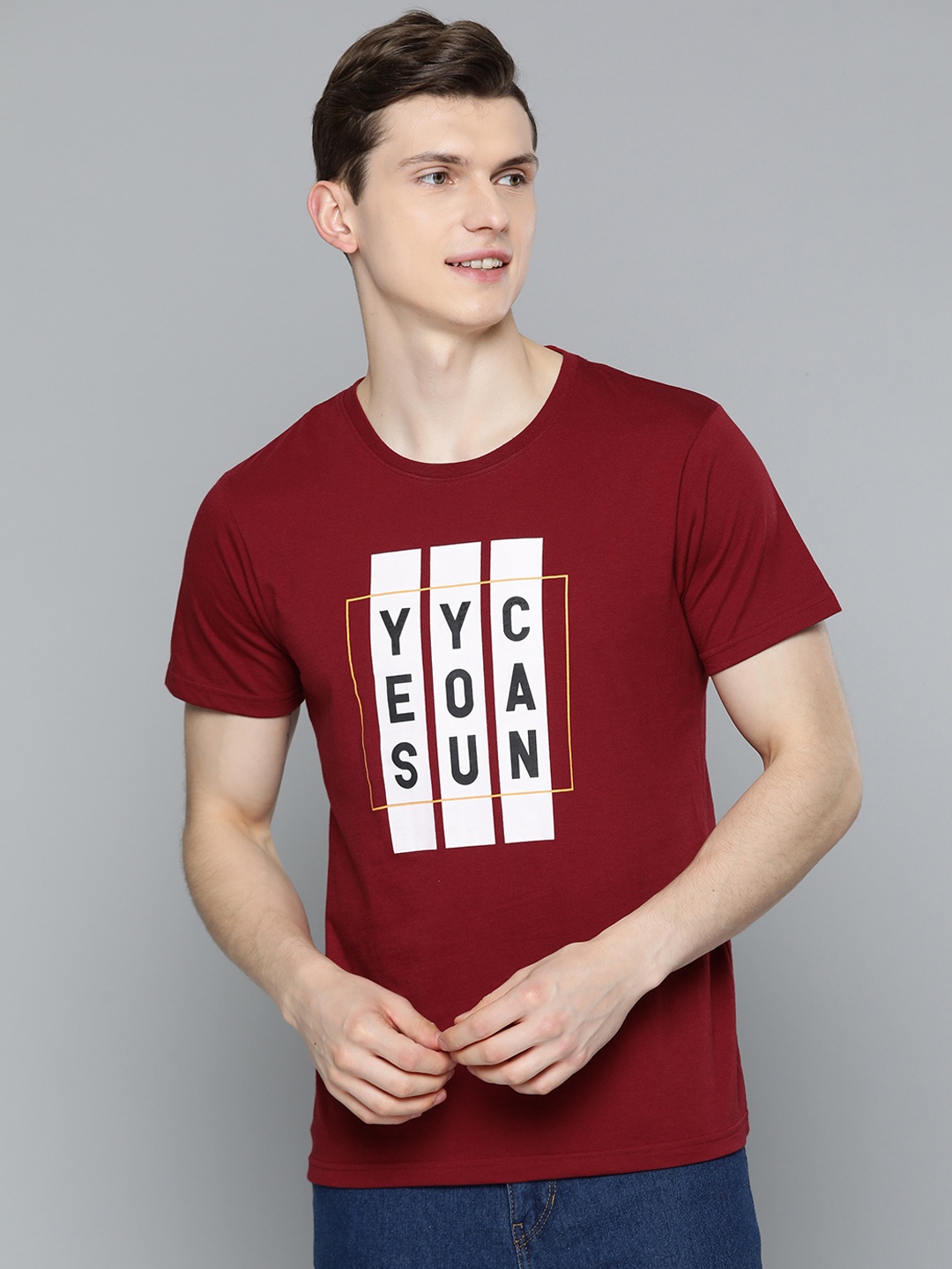 

HERE&NOW Men Maroon & White Typography Printed T-shirt