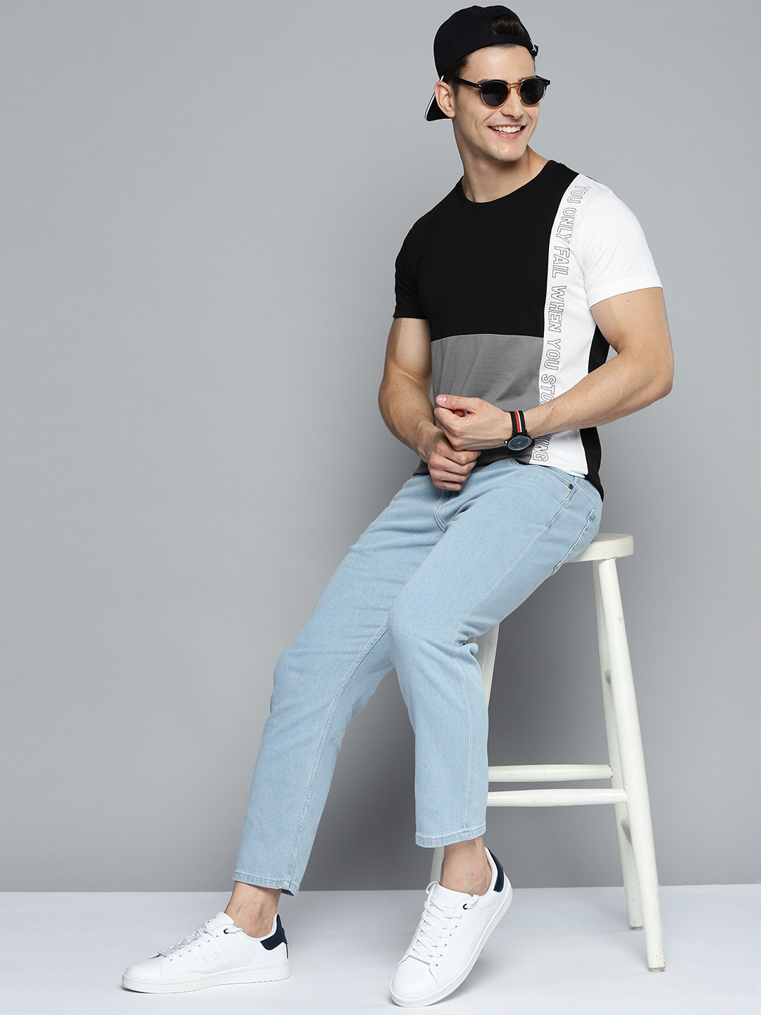 

HERE&NOW Men Black & Grey Colourblocked T-shirt