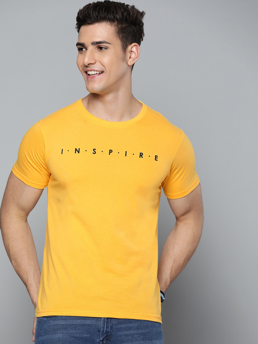 

HERE&NOW Men Mustard Yellow & Black Typography Print T-shirt