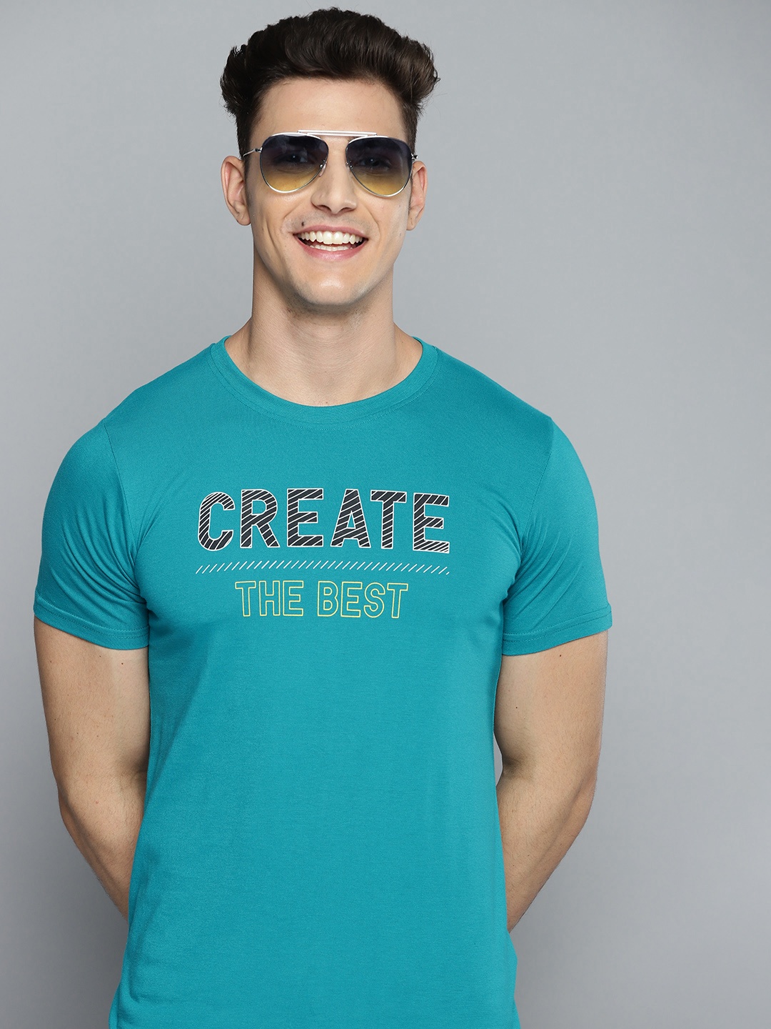 

HERE&NOW Men Teal Green Typography Printed T-shirt