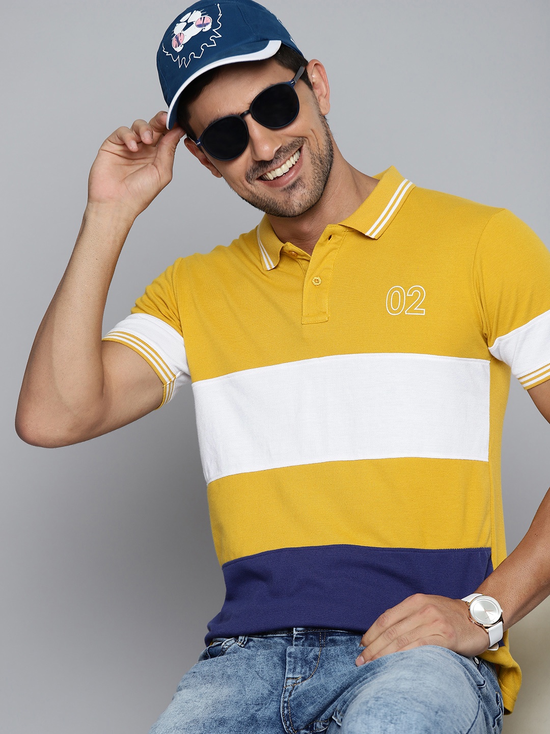 

HERE&NOW Men Mustard Yellow & White Colourblocked Polo Collar T-shirt