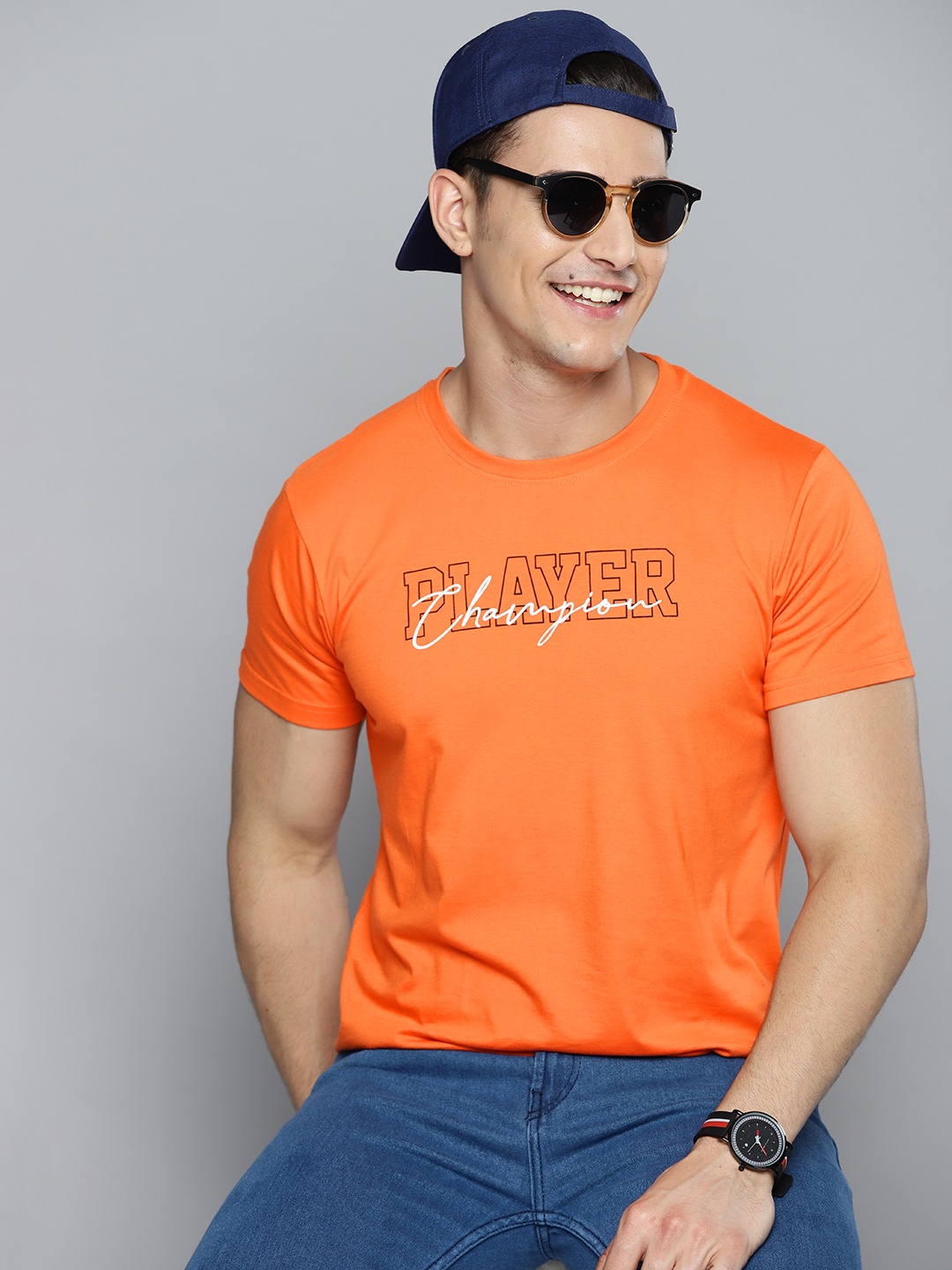 

HERE&NOW Men Orange & Black Typography Printed T-shirt