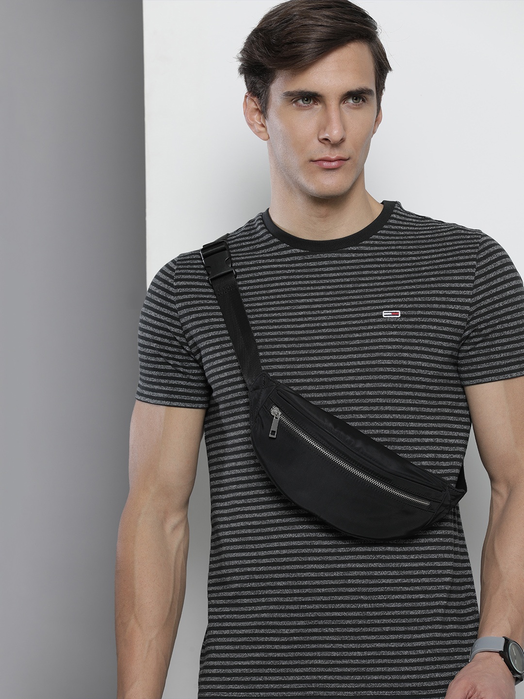 

Tommy Hilfiger Men Black & Grey Striped Slim Fit T-shirt