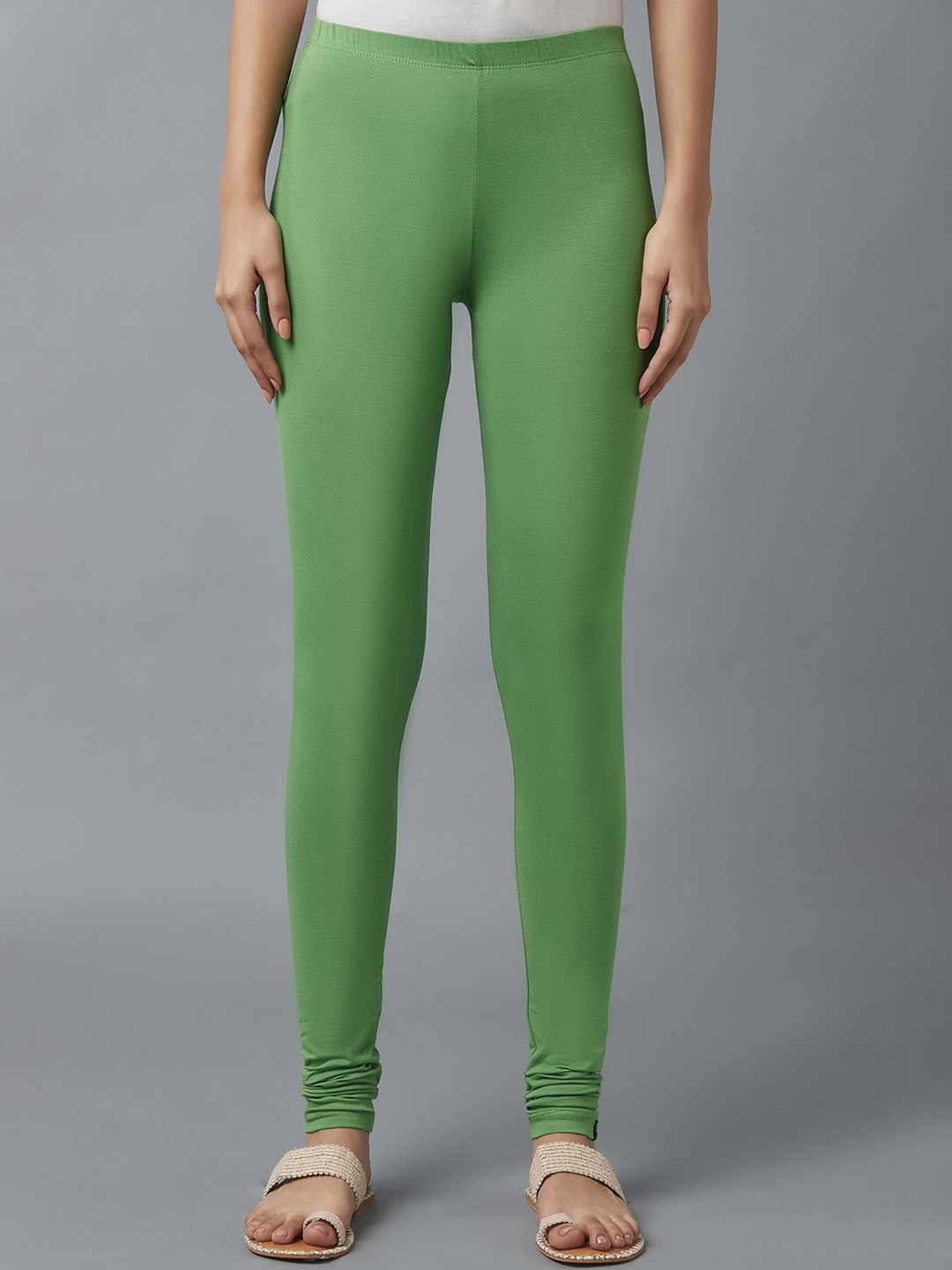 

elleven Solid Cotton Churidar Leggings, Green