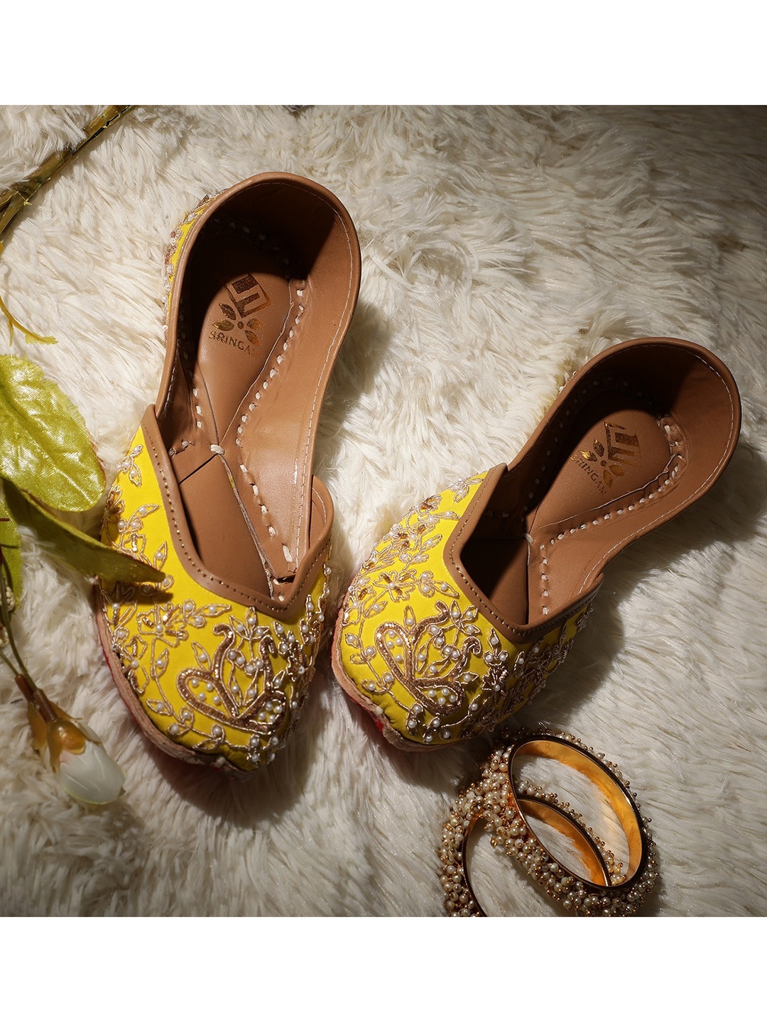 

Sringam Women Yellow Embroidered Handcrafted Mojaris