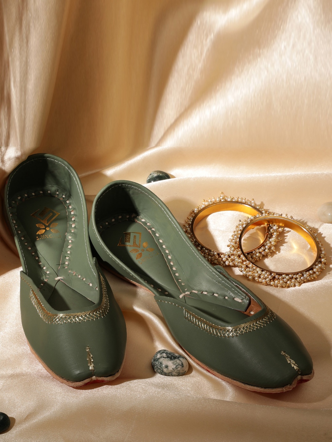 

Sringam Women Green Handcrafted Mojaris