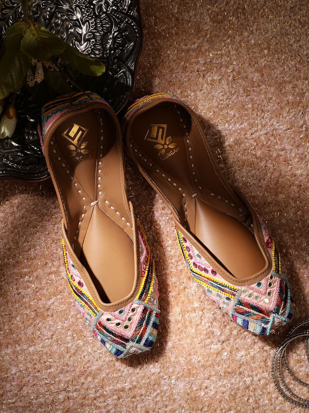 

Sringam Women Pink Embroidered Handcrafted Mojaris