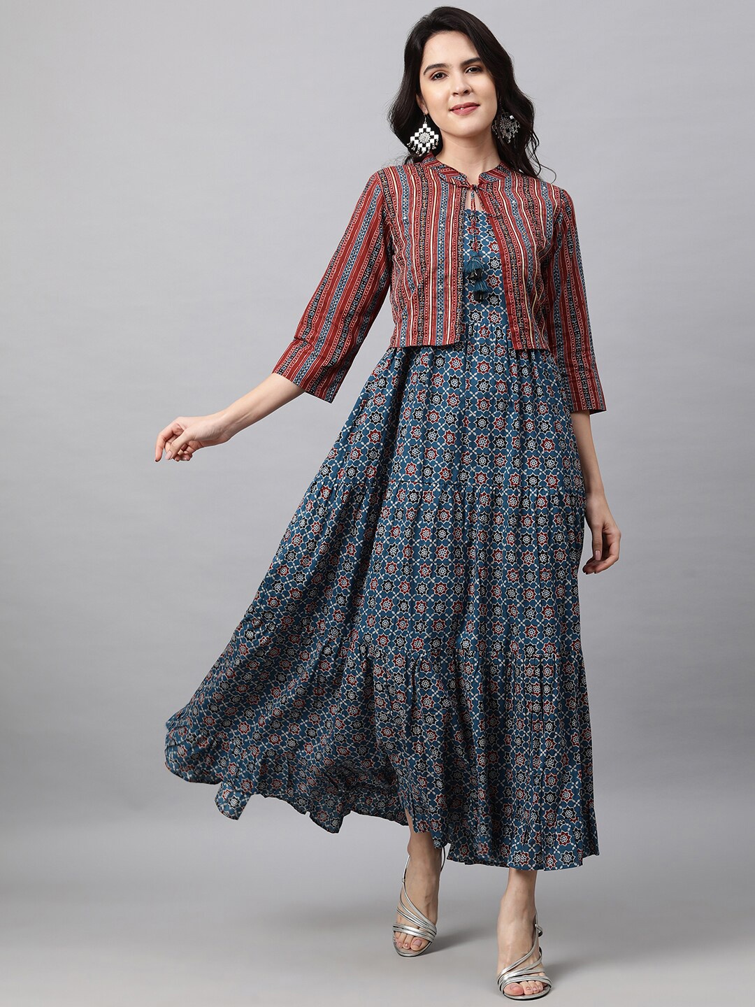 

FASHOR Blue Ethnic Motifs Ethnic Maxi Dress With Embroidered Jacket