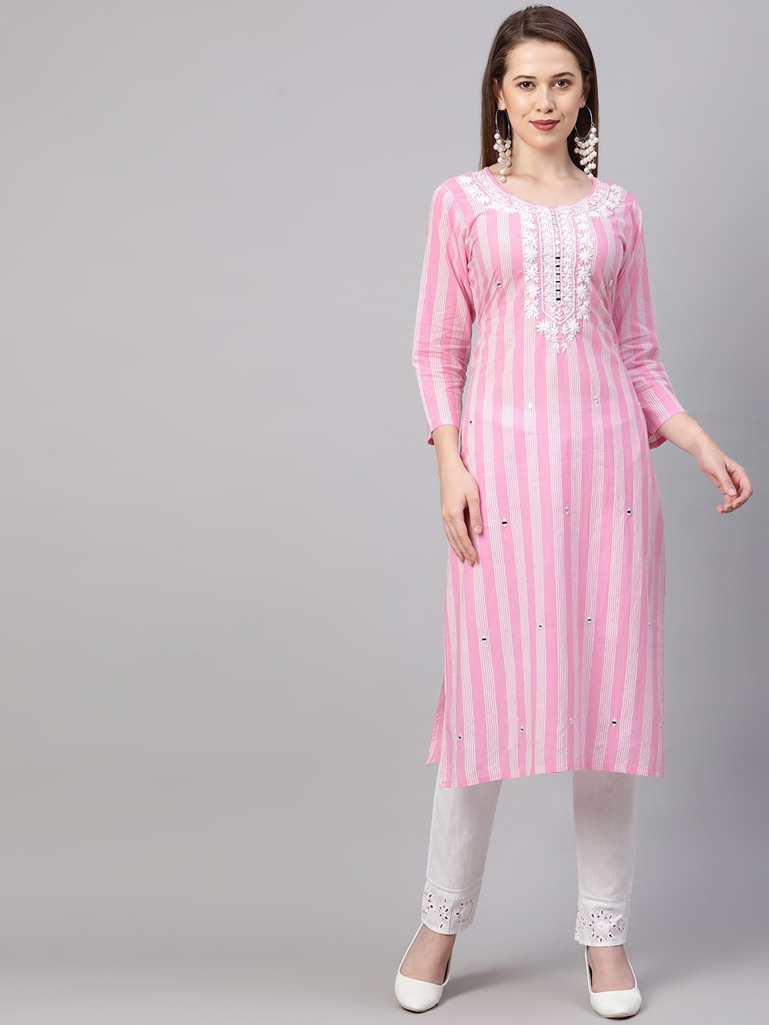 

FASHOR Women Pink Striped & Floral Embroidered Pure Cotton Kurta with Trousers