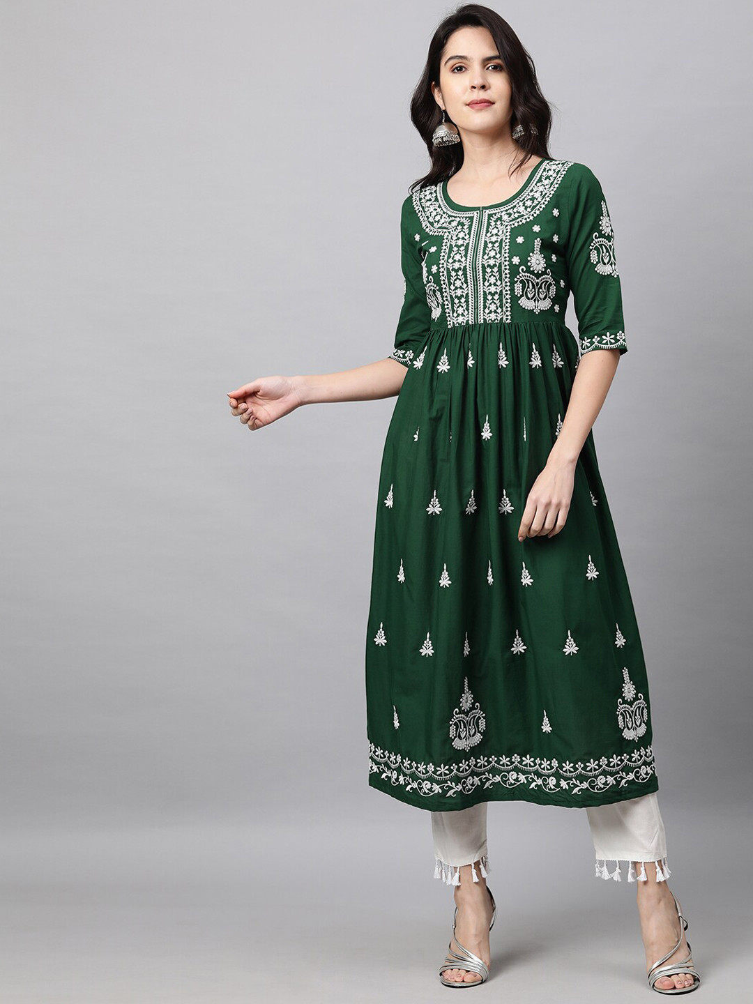 

FASHOR Women Green Ethnic Motifs Printed Empire Pure Cotton Kurta with Churidar