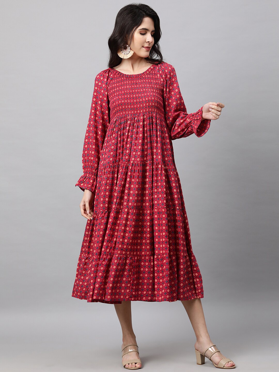 

FASHOR Pink Ethnic Motifs Tiered A-Line Midi Dress