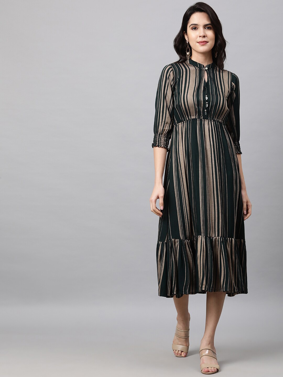 

FASHOR Green Striped A-Line Midi Flounce Dress